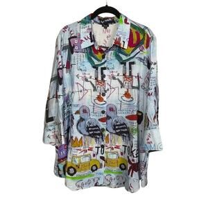 Shana Artsy Novelty New York Streets‎ Button Up Top Size L 3/4 Sleeve Shirt